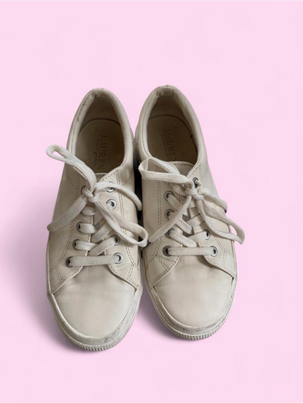 Ralph Lauren Cream Leather Low-Top Sneakers
